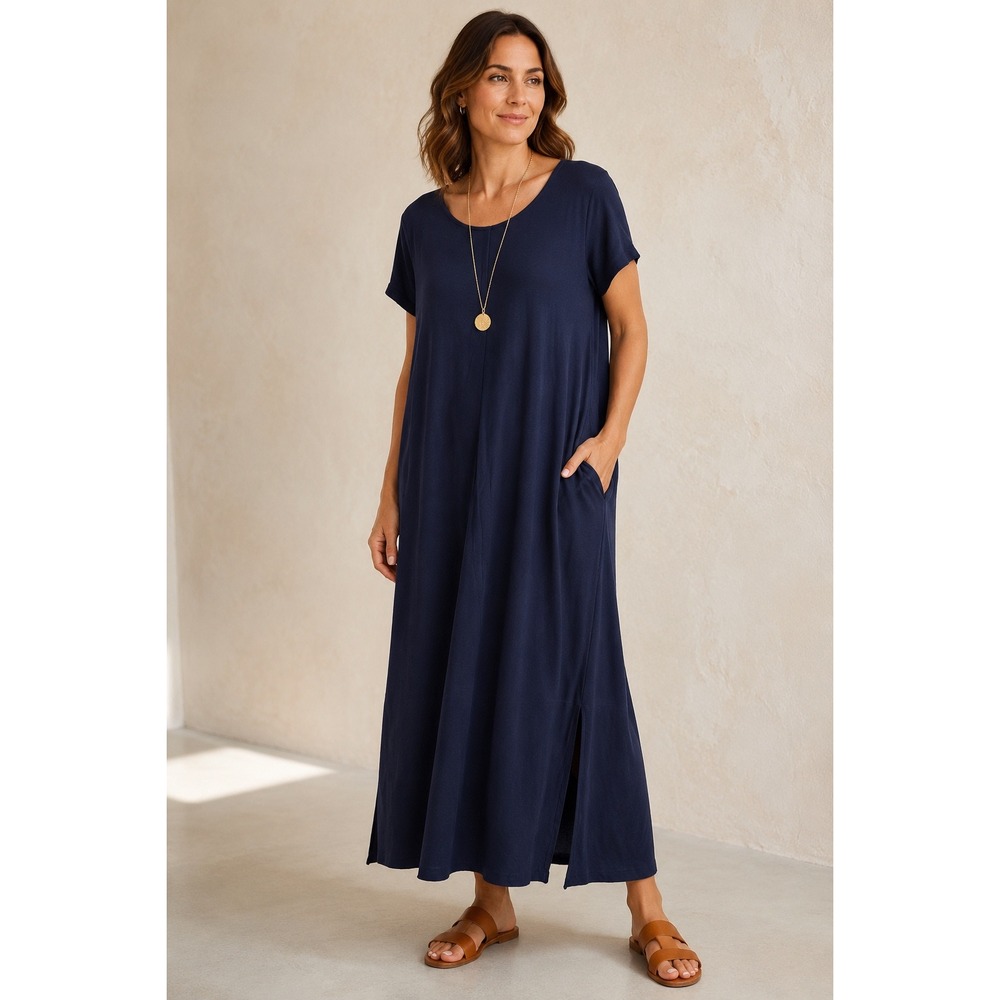 J. Jill Navy Blue Knit Maxi Dress XL Short Sleeve Minimalist Quiet Luxury Boho